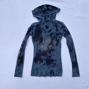 Vintage y2k Sledge USA Blue Tie-Dye Hooded Long Sleeve Shirt Sz M Fleur De Lis